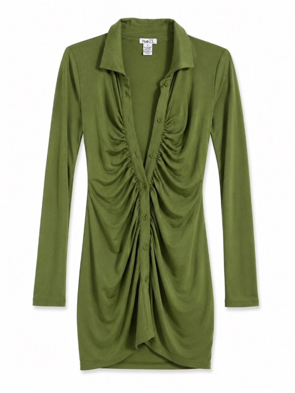Rue21 Olive Green Ruched Button Front Long Sleeve Mini Dress